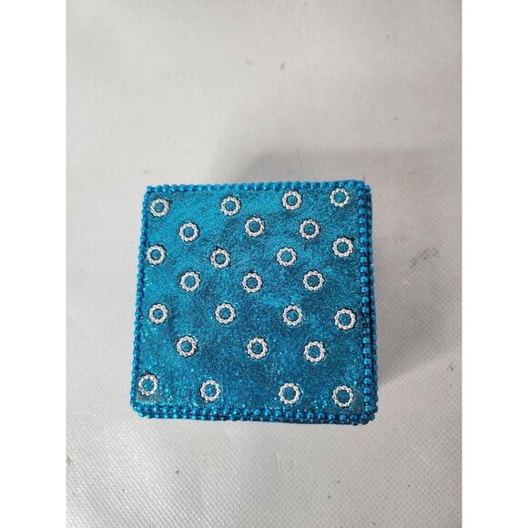 Vintage Blue Square Covered Hand Crafted Beaded Glittery Trinket Box Keepsake - Picture 2 of 8